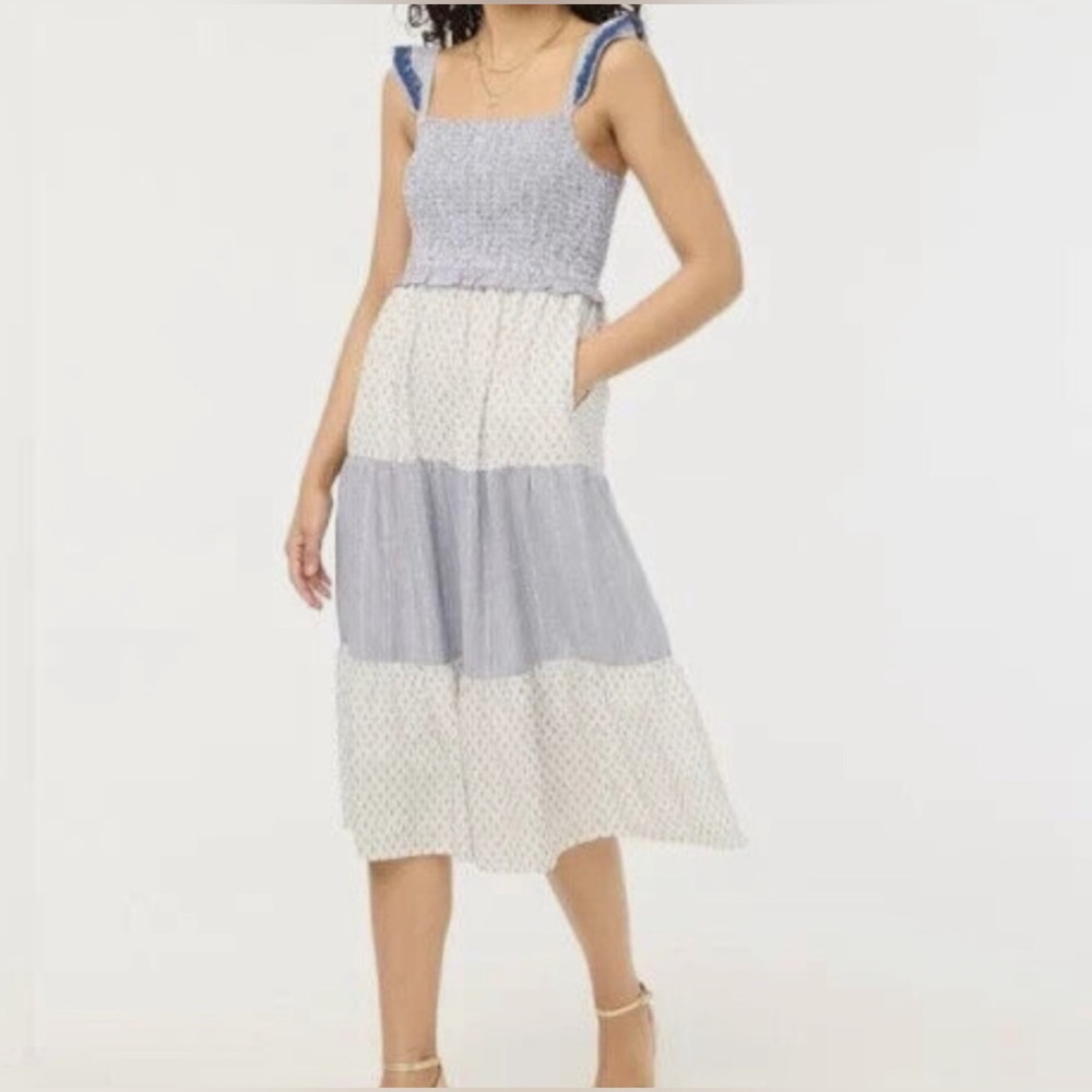 J. Crew Factory Smocked Clip-Dot Midi Tiered Lined Cotton Dress - Size L